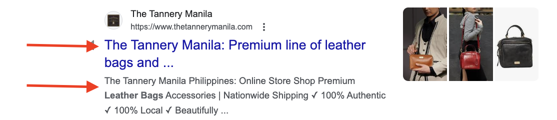 The Tannery Manila's meta tags in Google search results