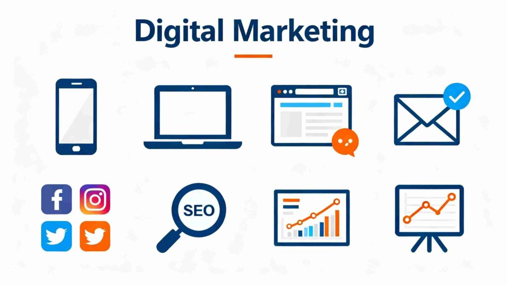 different icons of digital marketing.