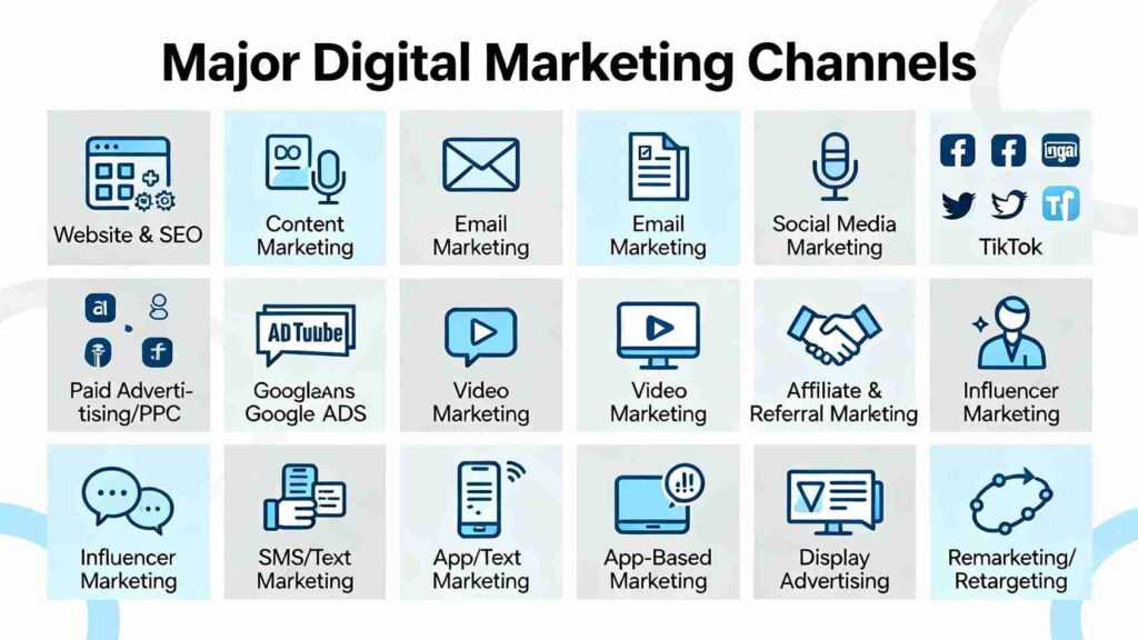  Different icons of digital marketing.