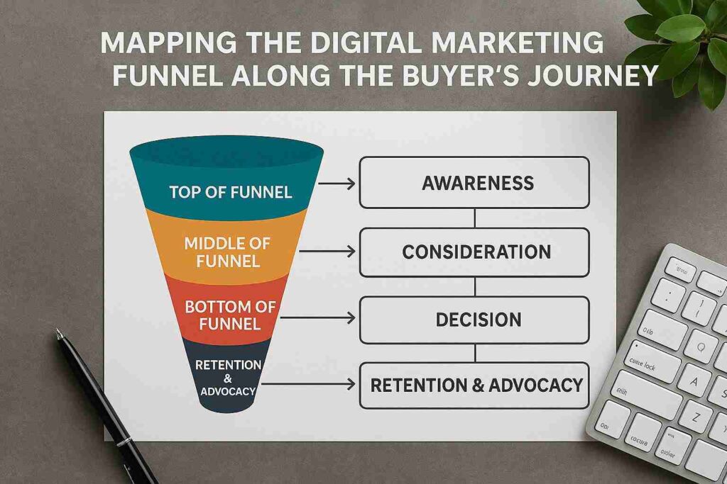 pen, keyboard and mapping digital marketing funnel.