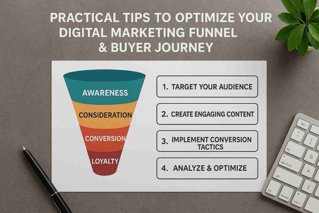 digital marketing funnel with a pen and keyboard.