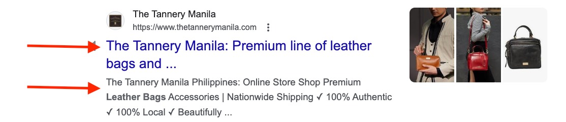 Meta tag and meta description of leather bag.