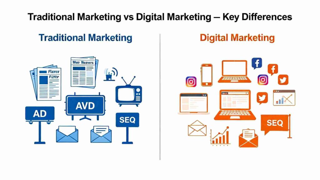 different icons between traditional and digital marketing.