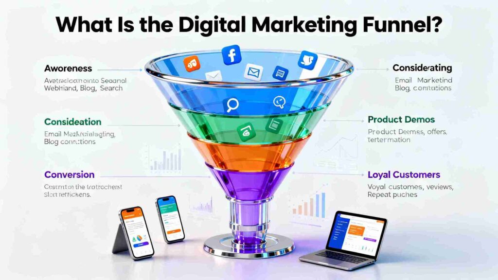 different icons and a digital marketing funnel.