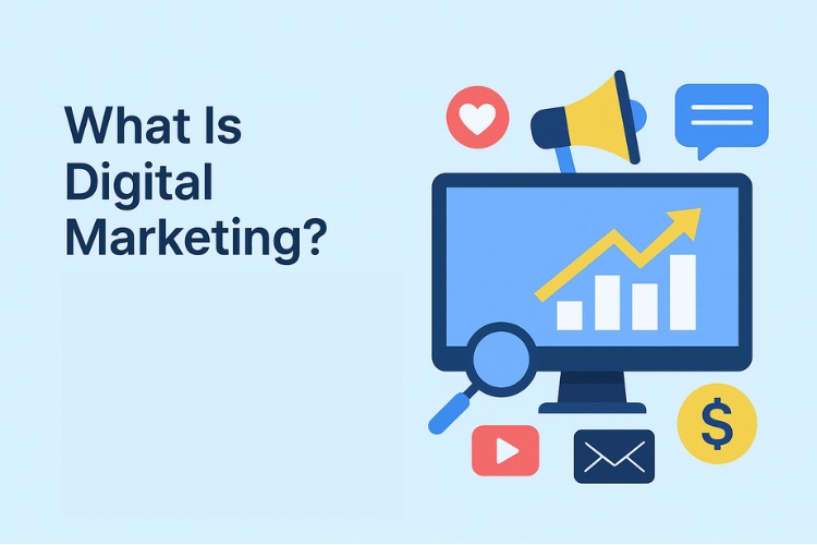 a monitor and different icons in digital marketing