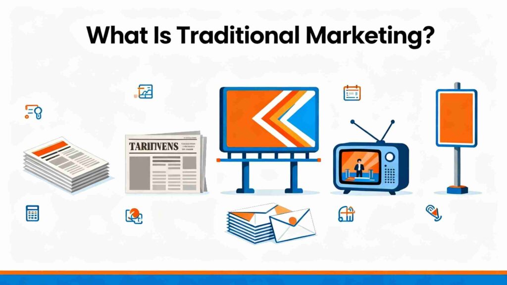 Different icons of traditional marketing.