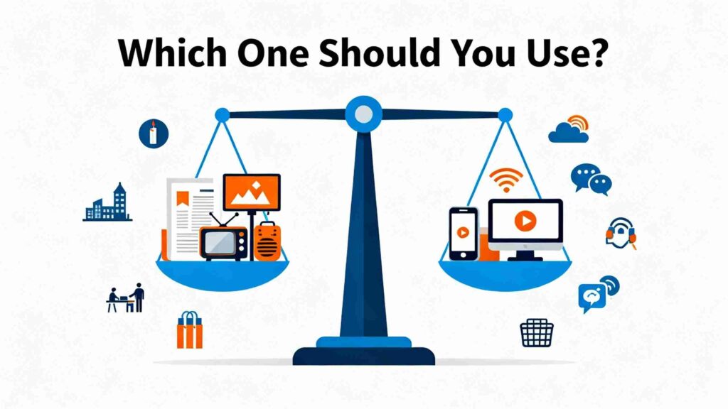 a weight scale between traditional and digital marketing.
