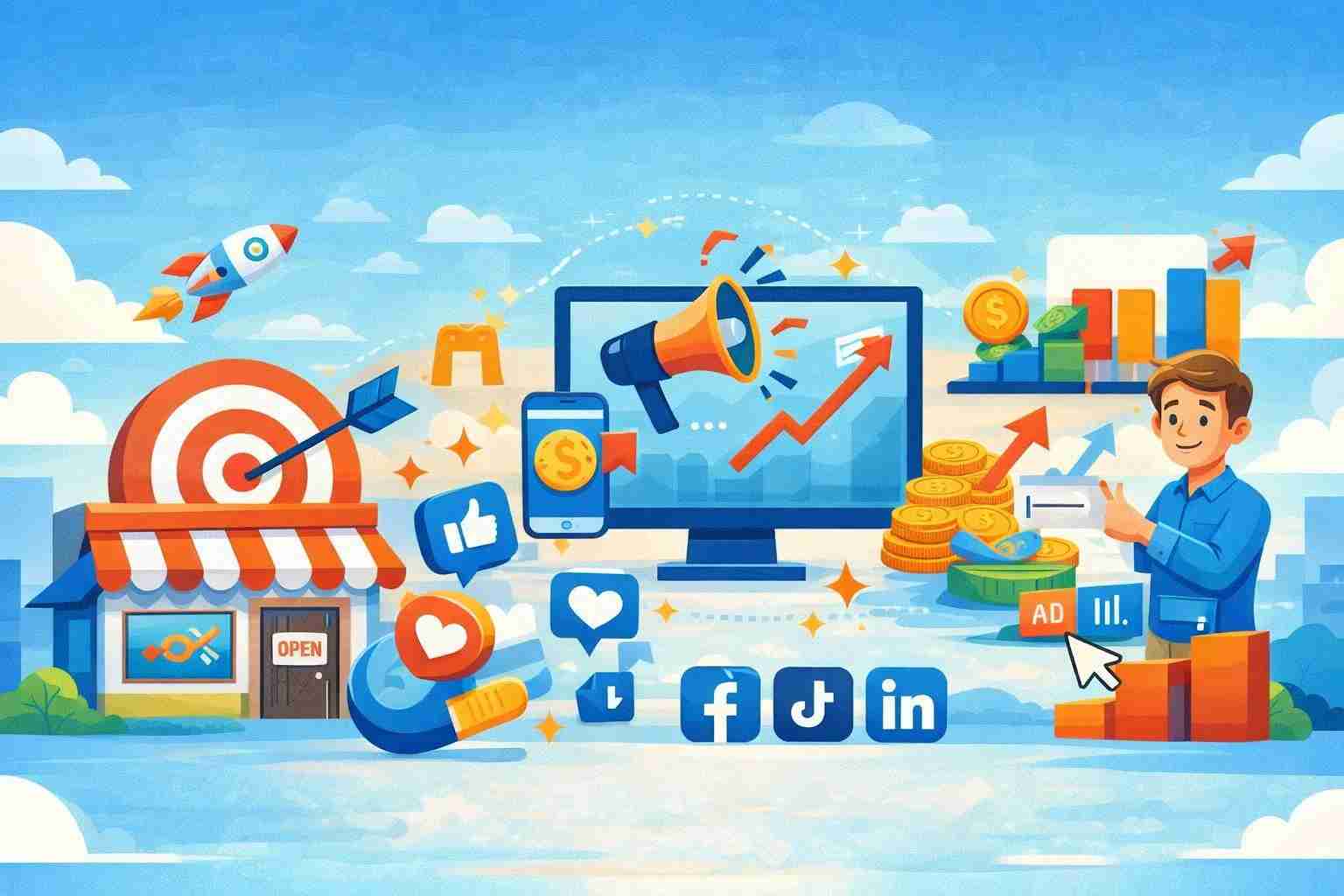 small business social media marketing concepts, including online promotion, audience engagement, targeted ads, and digital growth icons.