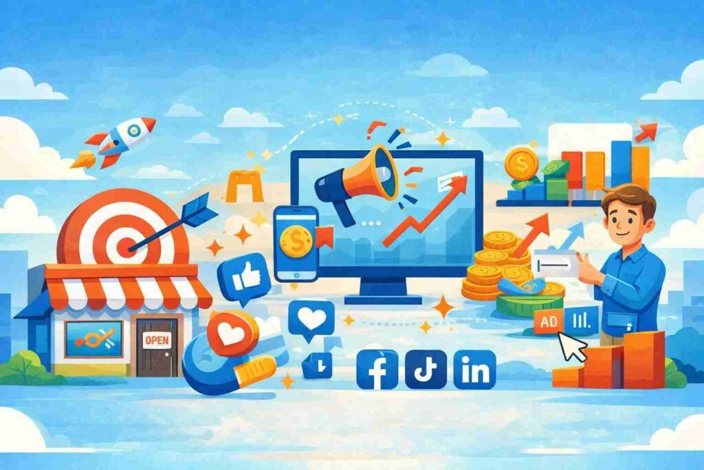 small business social media marketing concepts, including online promotion, audience engagement, targeted ads, and digital growth icons.