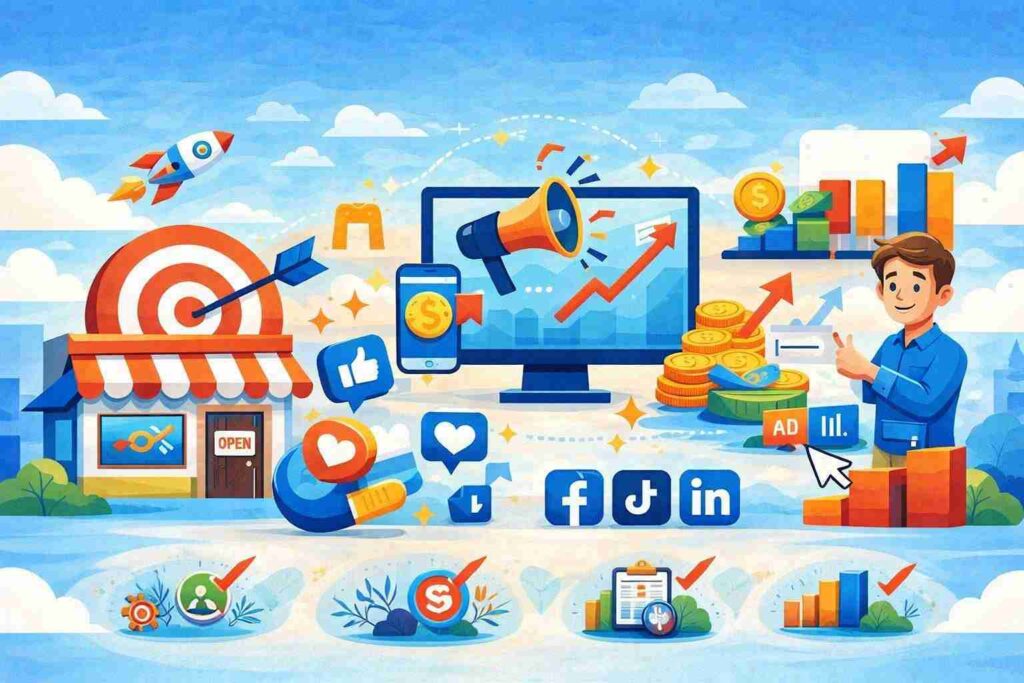 small business growth through social media marketing, featuring digital promotion, audience engagement, targeted advertising, and rising sales visuals.