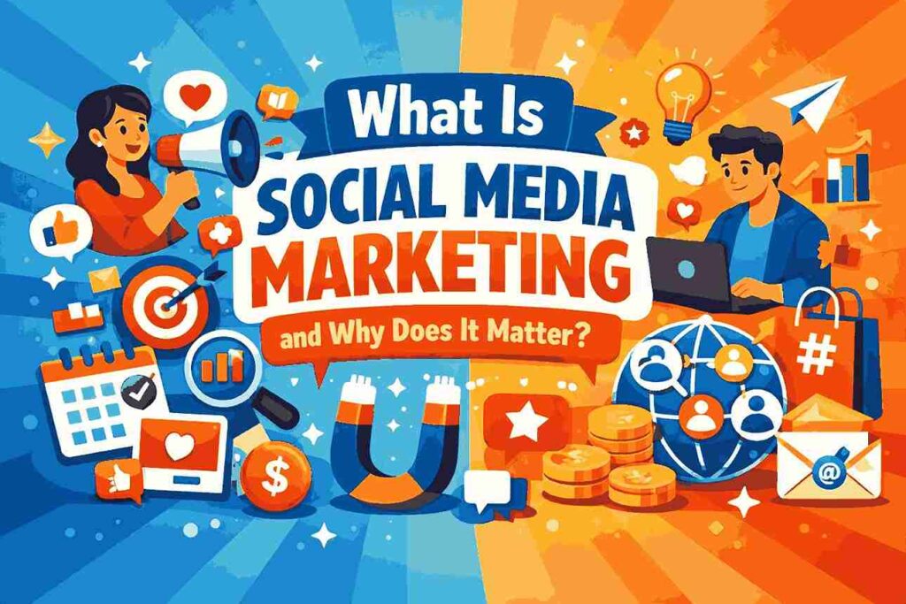 social media marketing concepts with icons, analytics, engagement symbols, and the title “What Is Social Media Marketing and Why Does It Matter?”