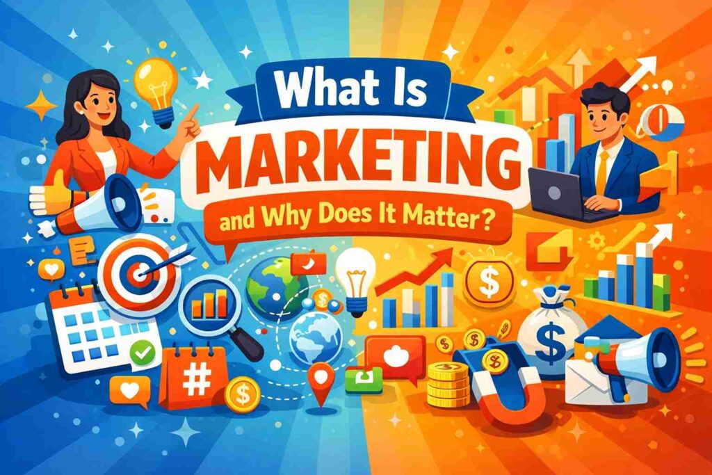 marketing concepts with growth charts, target icons, engagement symbols.