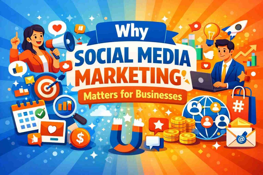 social media marketing matters for businesses, featuring engagement icons, analytics charts, audience targeting, and growth elements.