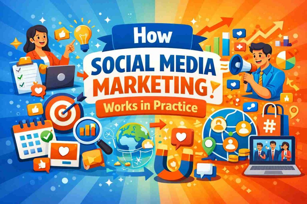 social media marketing works in practice, featuring content creation, analytics tracking, audience engagement, and digital growth icons.