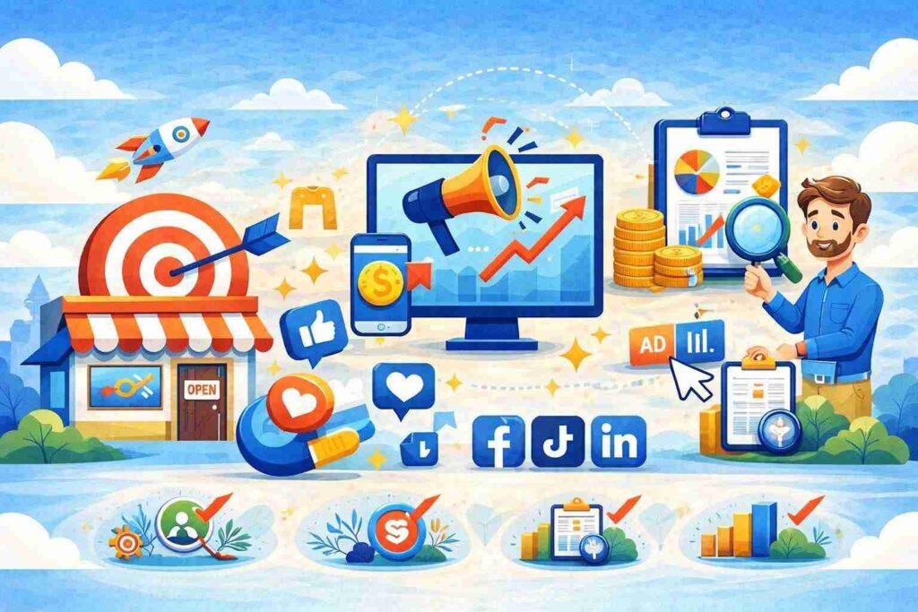 different icons and shapes featuring audience targeting, content promotion, analytics tracking, and business growth icons.