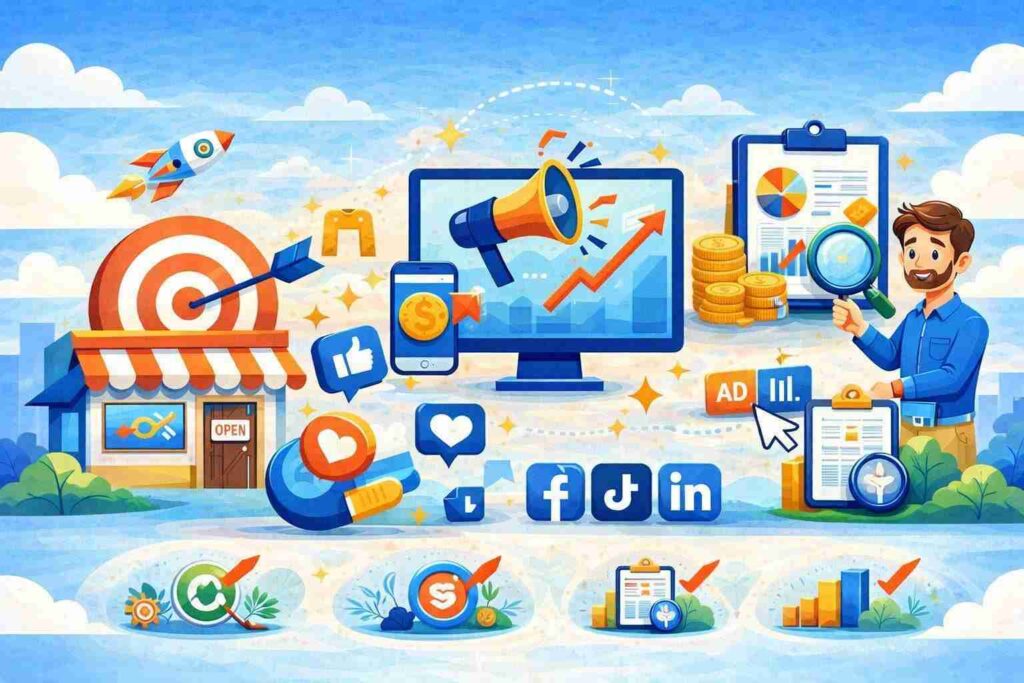 small businesses maximizing social media marketing through audience targeting, content promotion, analytics tracking, and digital growth strategies.