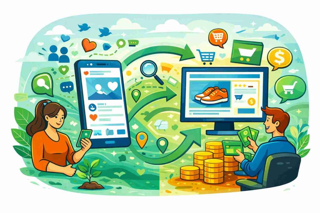 “Social media marketing illustration showing audience engagement and online sales conversion.”