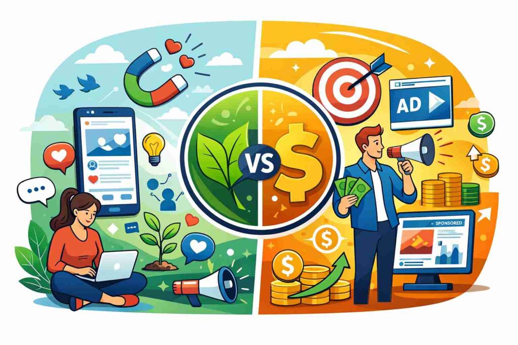 “Organic vs paid social media marketing comparison illustration.”