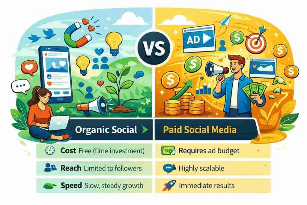 “Organic vs paid social media comparison illustration showing reach, cost, and growth differences.”