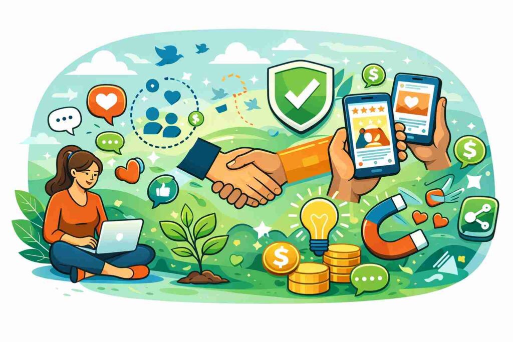 “Digital marketing illustration showing engagement, audience targeting, and business growth.”