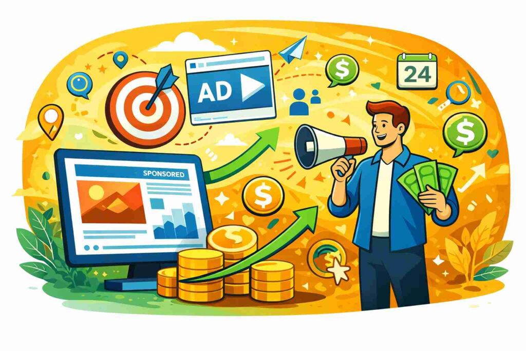 “Paid social media advertising illustration showing targeting, ads, and business growth.”
