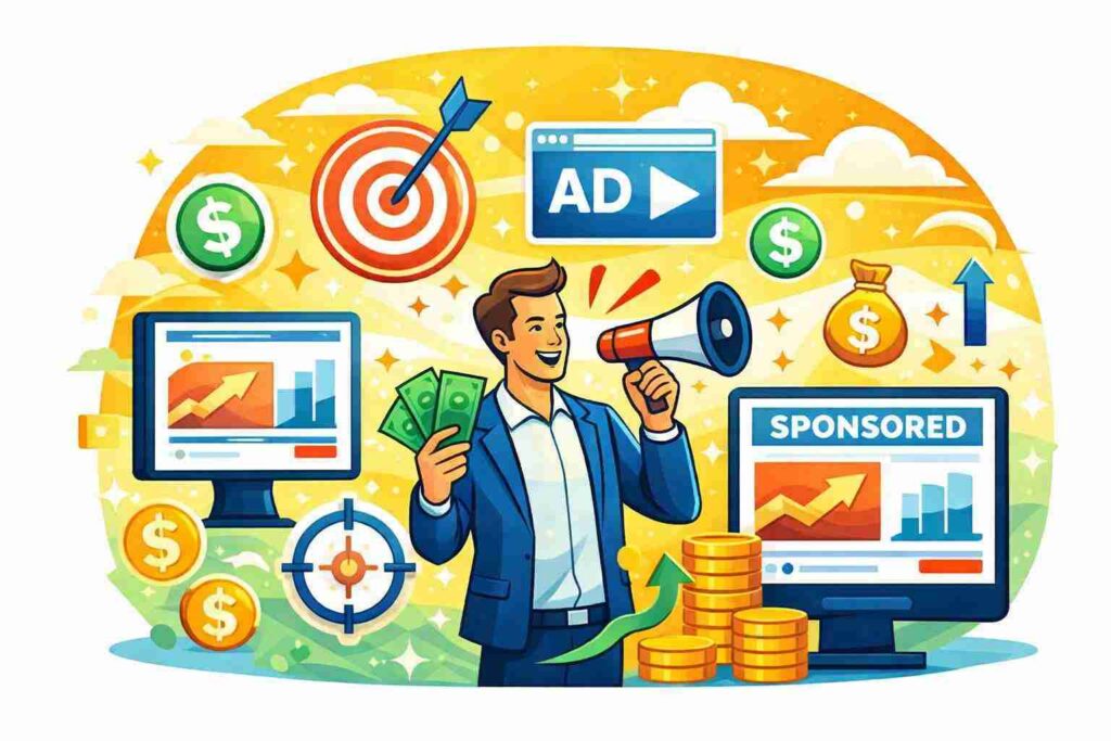illustration with ads, targeting, and growth icons.”