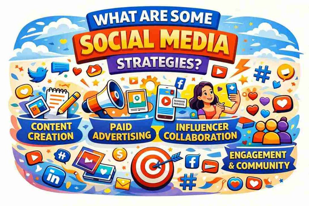 Colorful infographic titled What Are the Social Media Marketing Strategies showing content creation, paid ads, influencer marketing and community engagement icons.