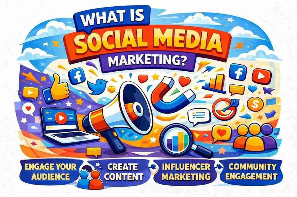 Colorful vector infographic titled What Is Social Media Marketing featuring icons for audience engagement, content creation and analytics.